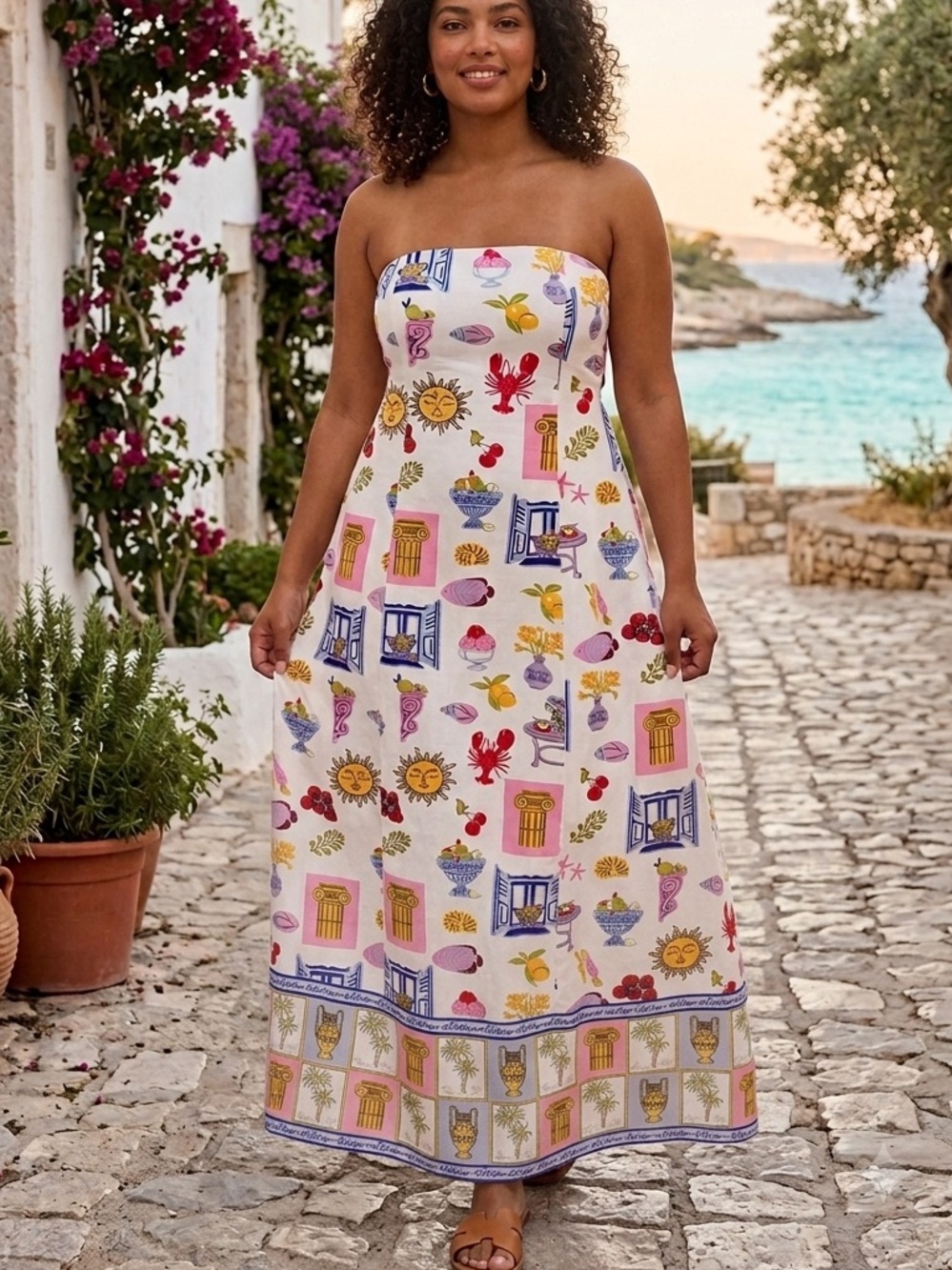 Japna Mediterranean Ciao Strapless Maxi Dress L Lobster Amalfi Vacation Resort